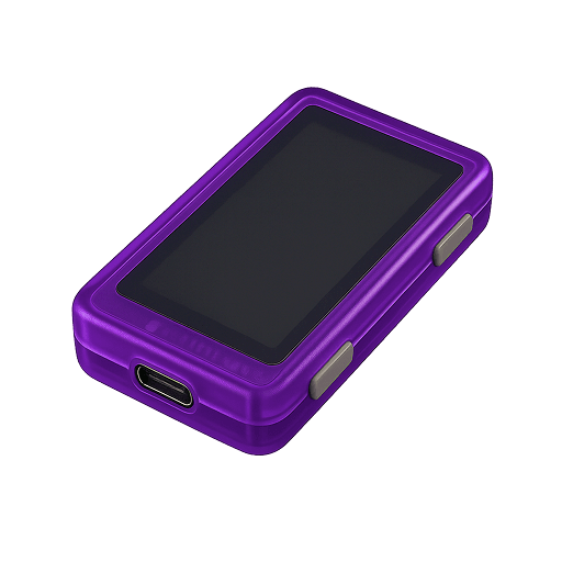 LockBoy in Atomic Purple resting beside a USB-C cable on a desk.